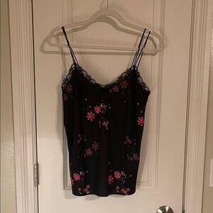 All Saints Black Camisole with Lace and Pink Flowers